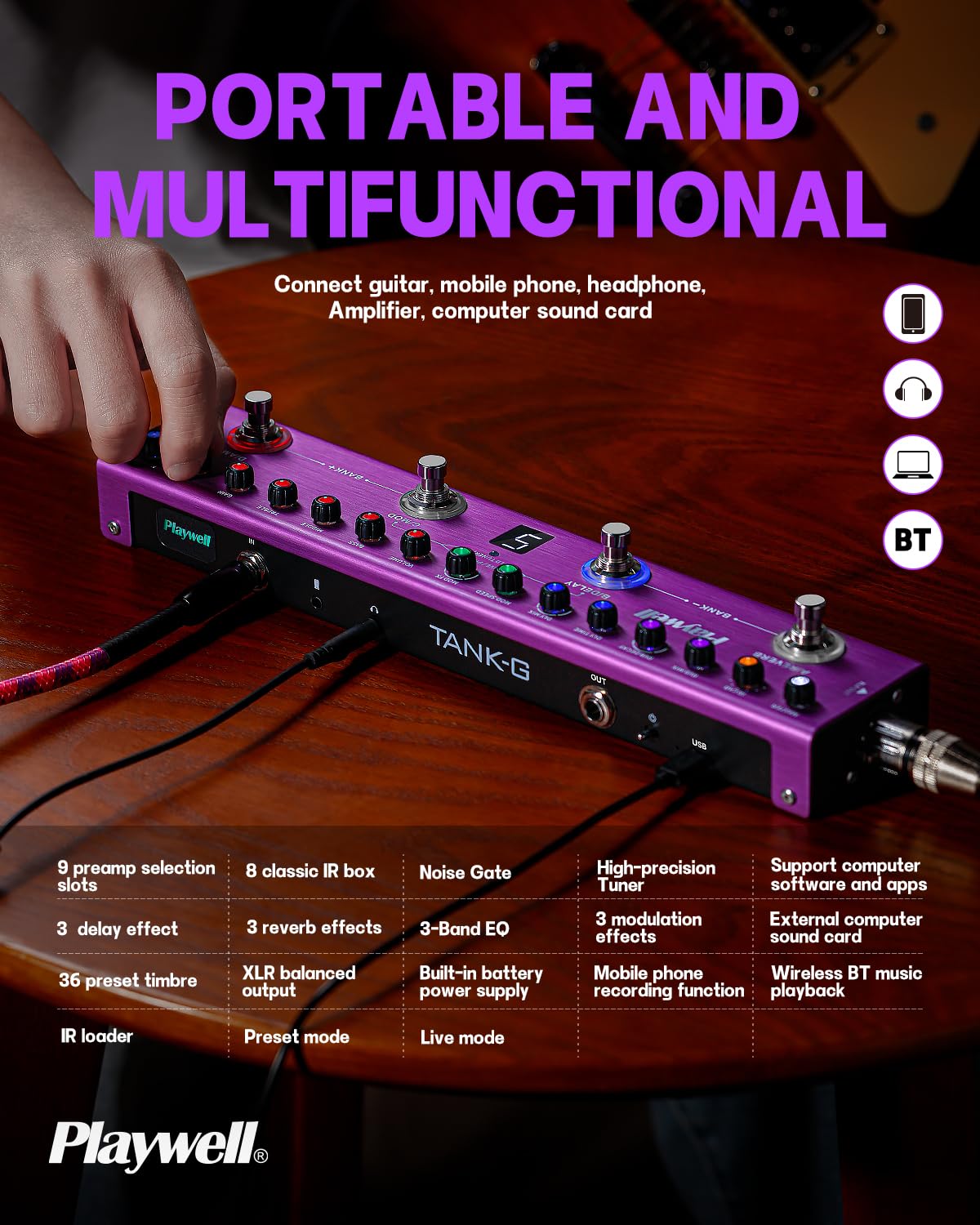 Playwell Multi Effects Guitar Pedal TANK-G,Digital Electric Guitar Effector with 36 Editable Presets,Chorus,Delay,Reverb,MOD,IR Loading,Recording,Tuner,Built-in battery,BT connection - Image 4